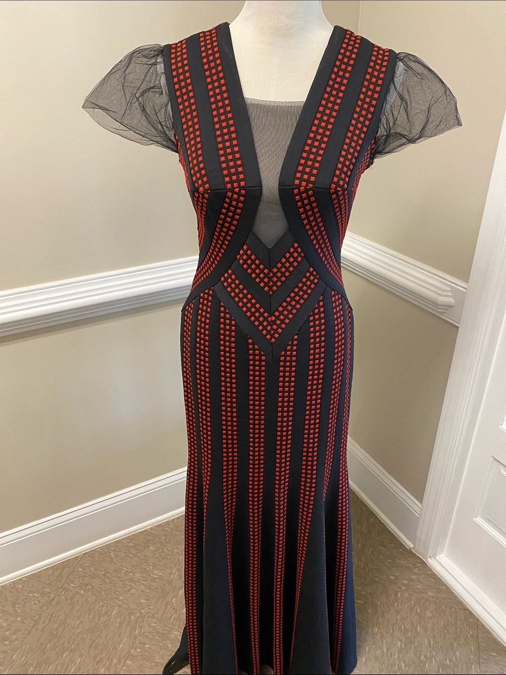 Tadashi Shoji Black Formal Dress with Red Geometric Stripes